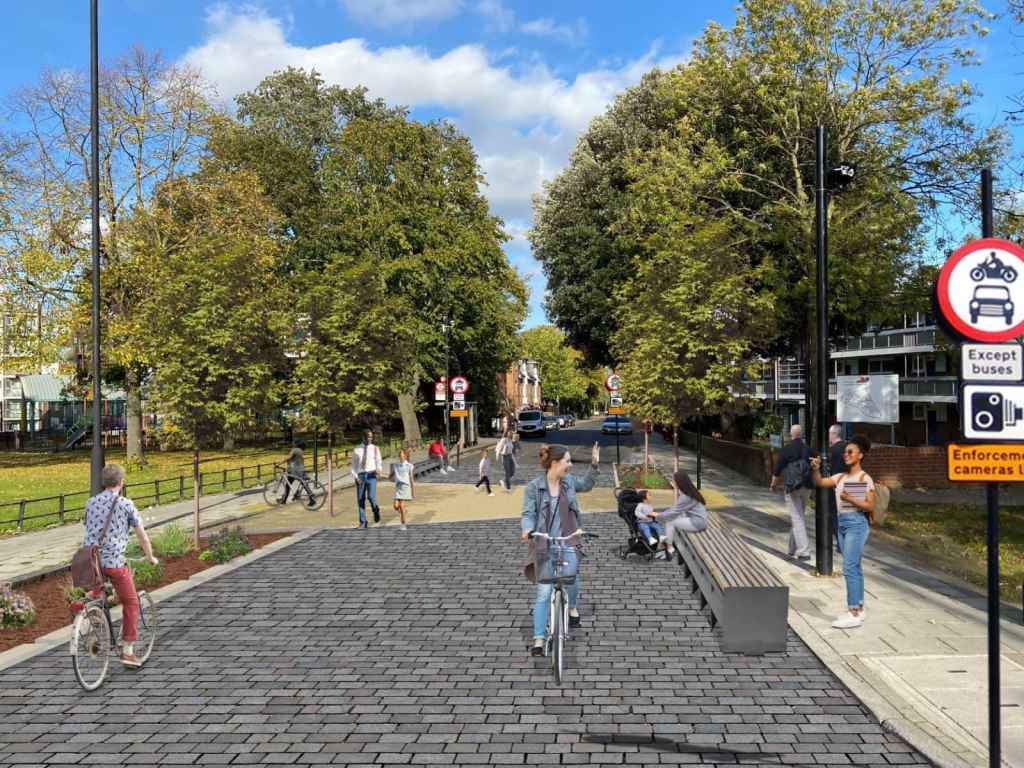 What Roupell Road in Tulse Hill LTN could look like if the LTN is permanent - shows more space for seating, cycling and walking.