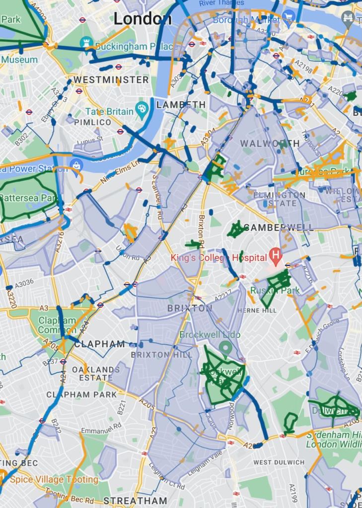 A map of much of Lambeth borough showing safer cycling routes and low traffic areas.